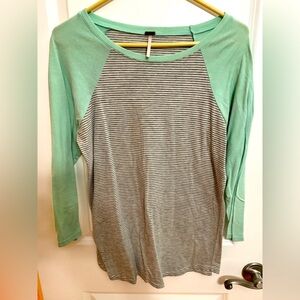 Poof! Women’s White and Gray Stripped Teal 3/4 sleeves top